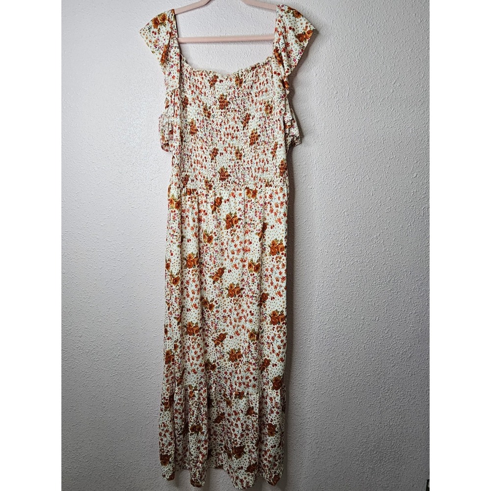Liberty Love Floral Smocked Maxi Dress White Orange Ruffle Plus 3XL Cottagecore